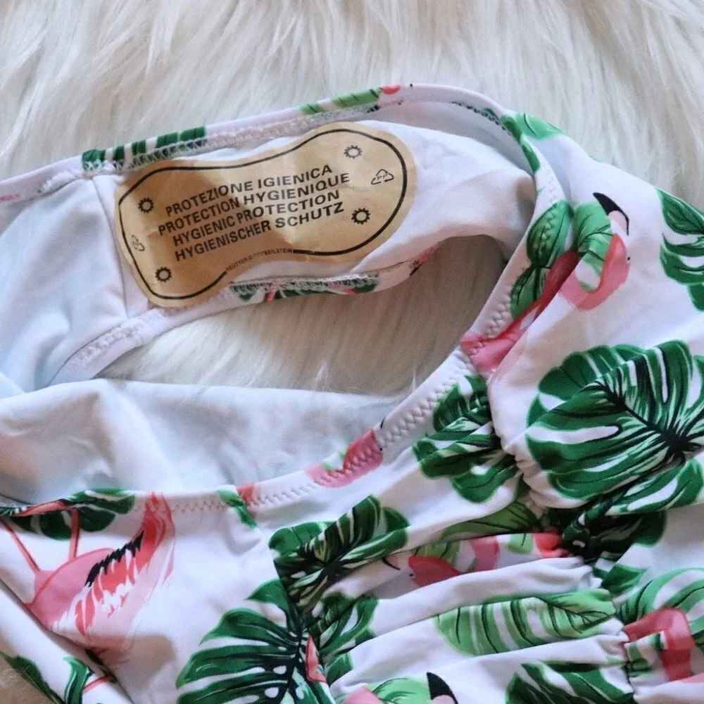 NEW White Green Flamingo Monstera Bikini Swim Set Size Small - Picture 7 of 10